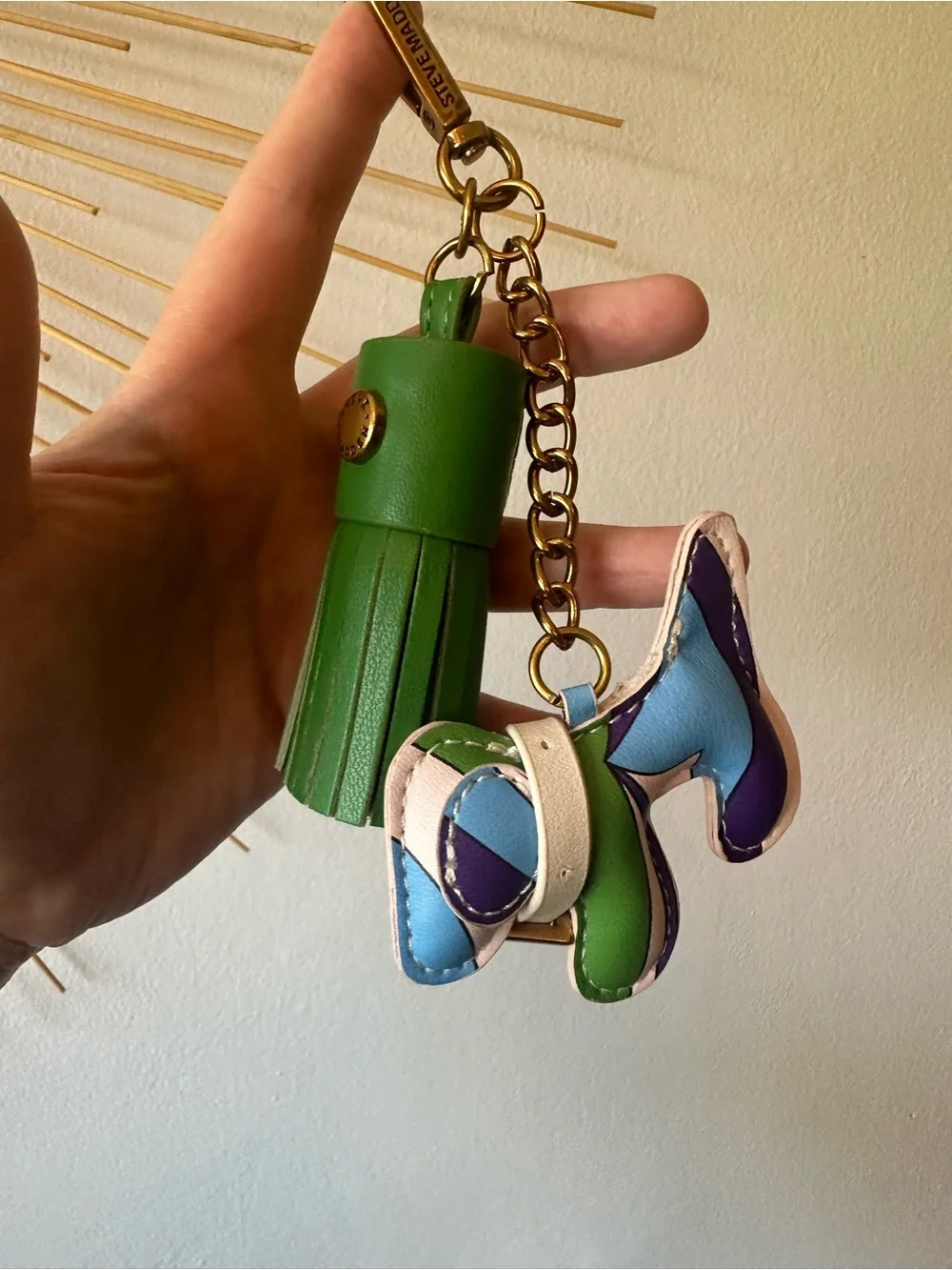 Steve Madden Blue White Multi Color Dog & Green Tassel Keychain Bag Charm NWOT